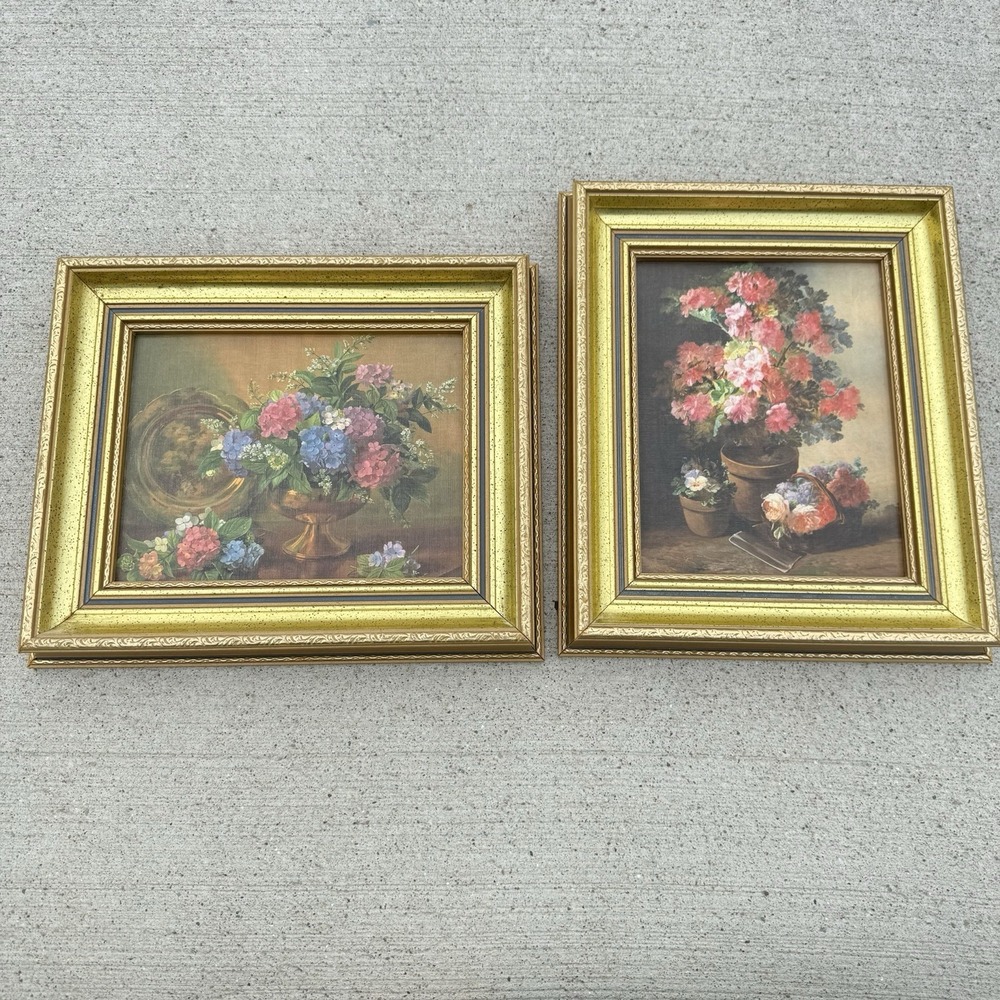 Vintage‎ Floral Framed Wall Art Set 2 Gold Frames Cottage French Country Decor
